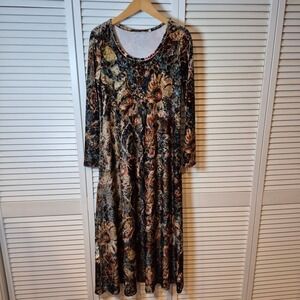 Soft Surroundings Santiago Stretch Velvet Floral Print Long Sleeve Midi Dress S